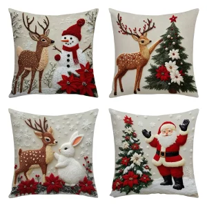 4 Pc Christmas Pillow Covers (Santa, Reindeer, Christmas Tree, Snowman, Bunny)